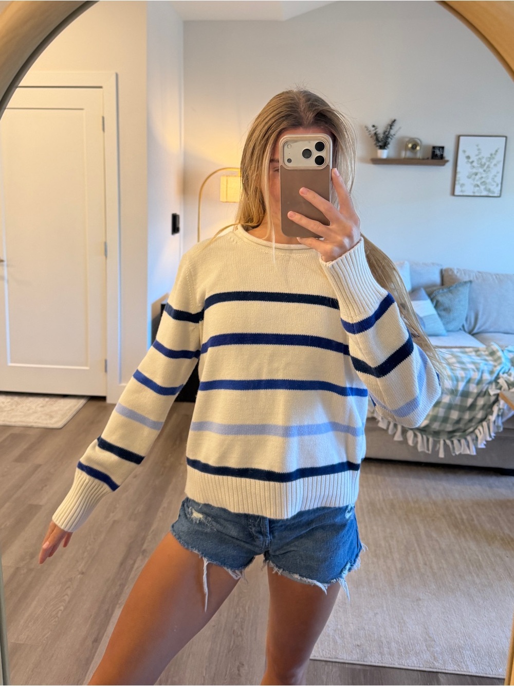 GAP Cream Sweater with Navy & Royal Blue Stripes